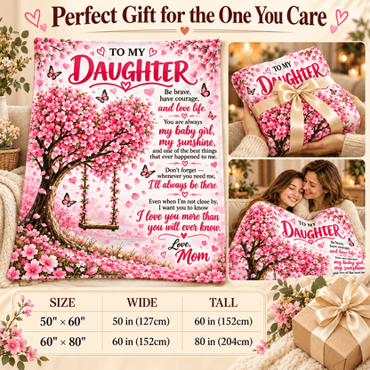 A pink memorial-style pillow or cushion with a cherry blossom tree illustration and a sentimental message addressed to a daughter, shown in multiple presentation views including a wrapped gift, a person holding it, and a size chart at the bottom.