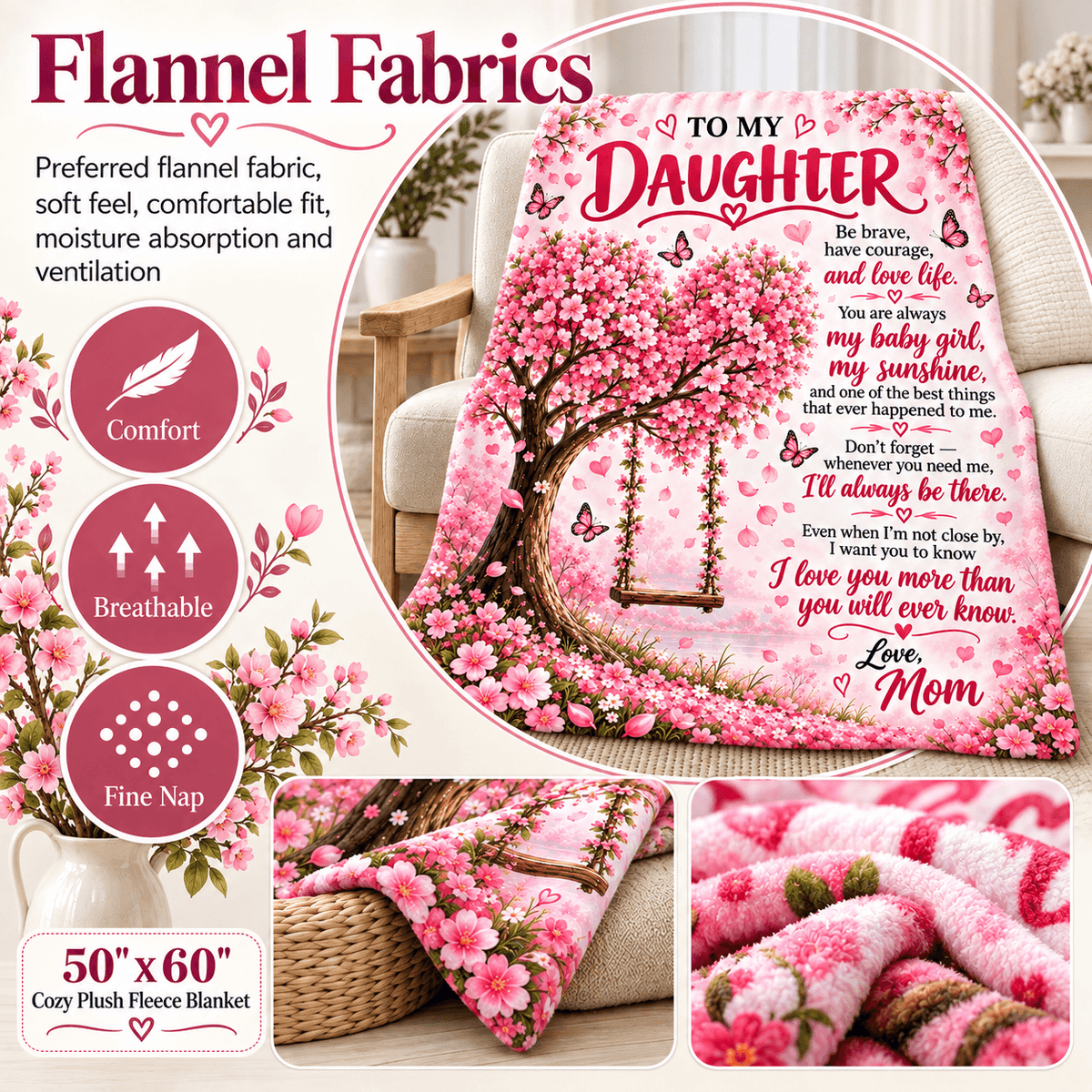 A pink flannel fleece blanket with a cherry blossom tree design and a sentimental poem for a daughter, shown in a styled home setting with inset detail photos and feature callouts.