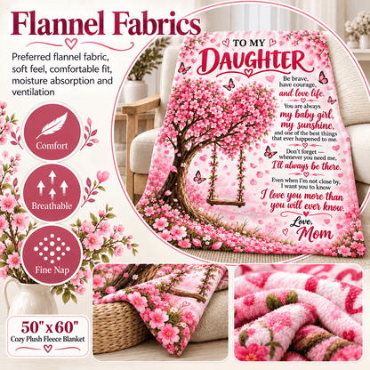 A pink flannel fleece blanket with a cherry blossom tree design and a sentimental poem for a daughter, shown in a styled home setting with inset detail photos and feature callouts.