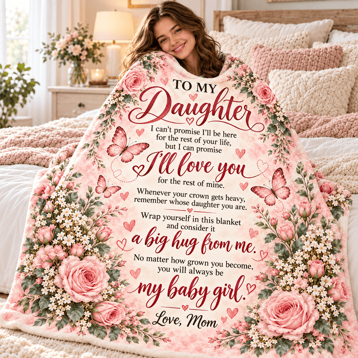 A woman wrapped in a floral blanket while sitting on a bed. The blanket features a pink and white design with roses, butterflies, and a sentimental message for her daughter.