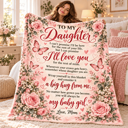 A woman holds up a large pink floral blanket with a sentimental message for her daughter in a cozy bedroom setting. The blanket features pink roses, butterflies, hearts, and cursive text reading 'TO MY Daughter' and a heartfelt message about loving her.