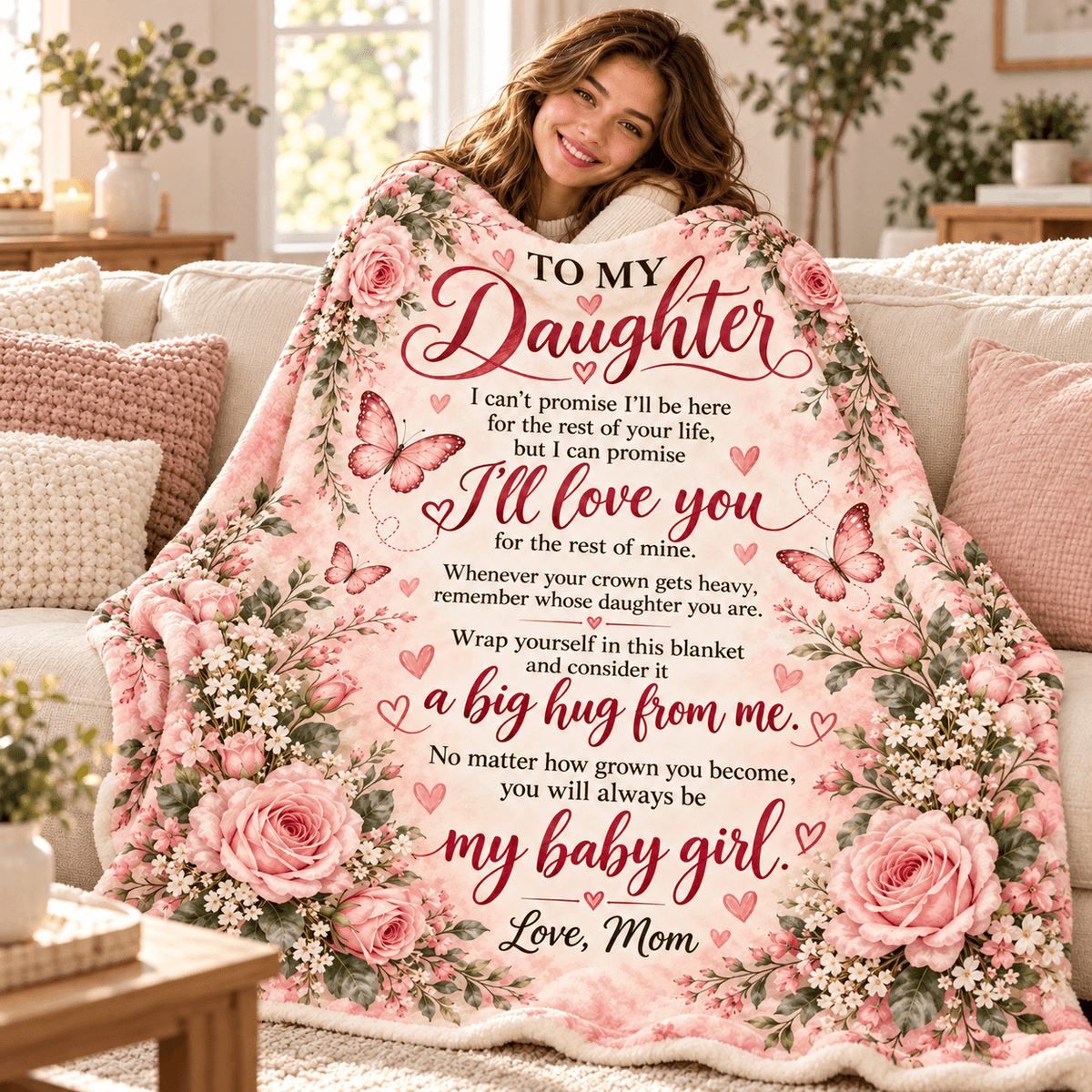 A woman sits on a beige sofa wrapped in a large pink floral blanket with butterflies and a sentimental message printed in red and pink text. The scene is a real living room with pillows, plants, and furniture visible, so this is Lifestyle rather than Product/Packaging.