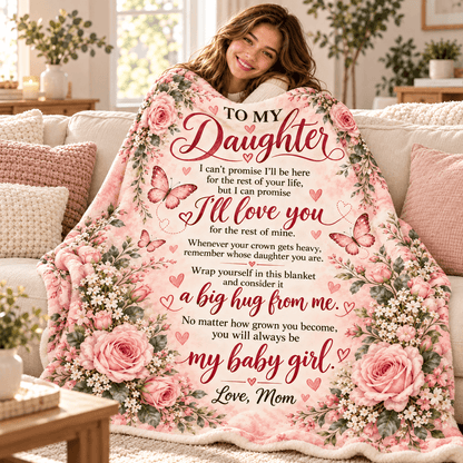 A woman sits on a beige sofa wrapped in a large pink floral blanket with butterflies and a sentimental message printed in red and pink text. The scene is a real living room with pillows, plants, and furniture visible, so this is Lifestyle rather than Product/Packaging.