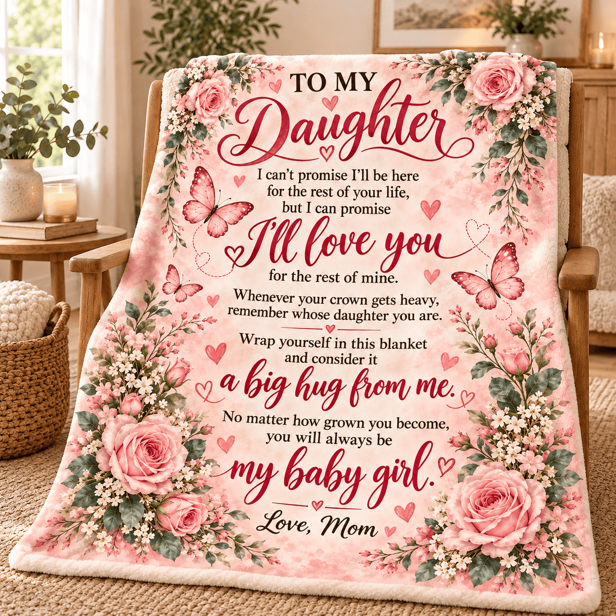 A floral fleece blanket draped over a wooden chair in a cozy living room setting. The blanket features a pink and white rose pattern, butterflies, and a sentimental message for a daughter written in red and black text.