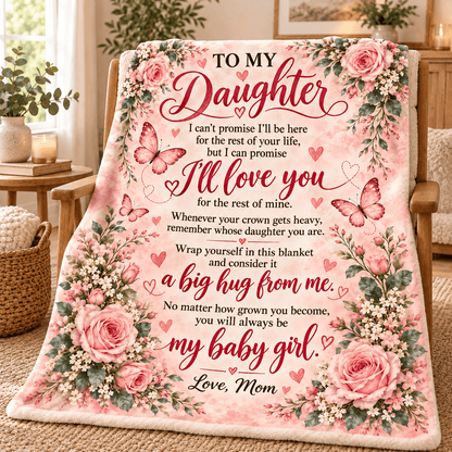 A floral fleece blanket draped over a wooden chair in a cozy living room setting. The blanket features a pink and white rose pattern, butterflies, and a sentimental message for a daughter written in red and black text.