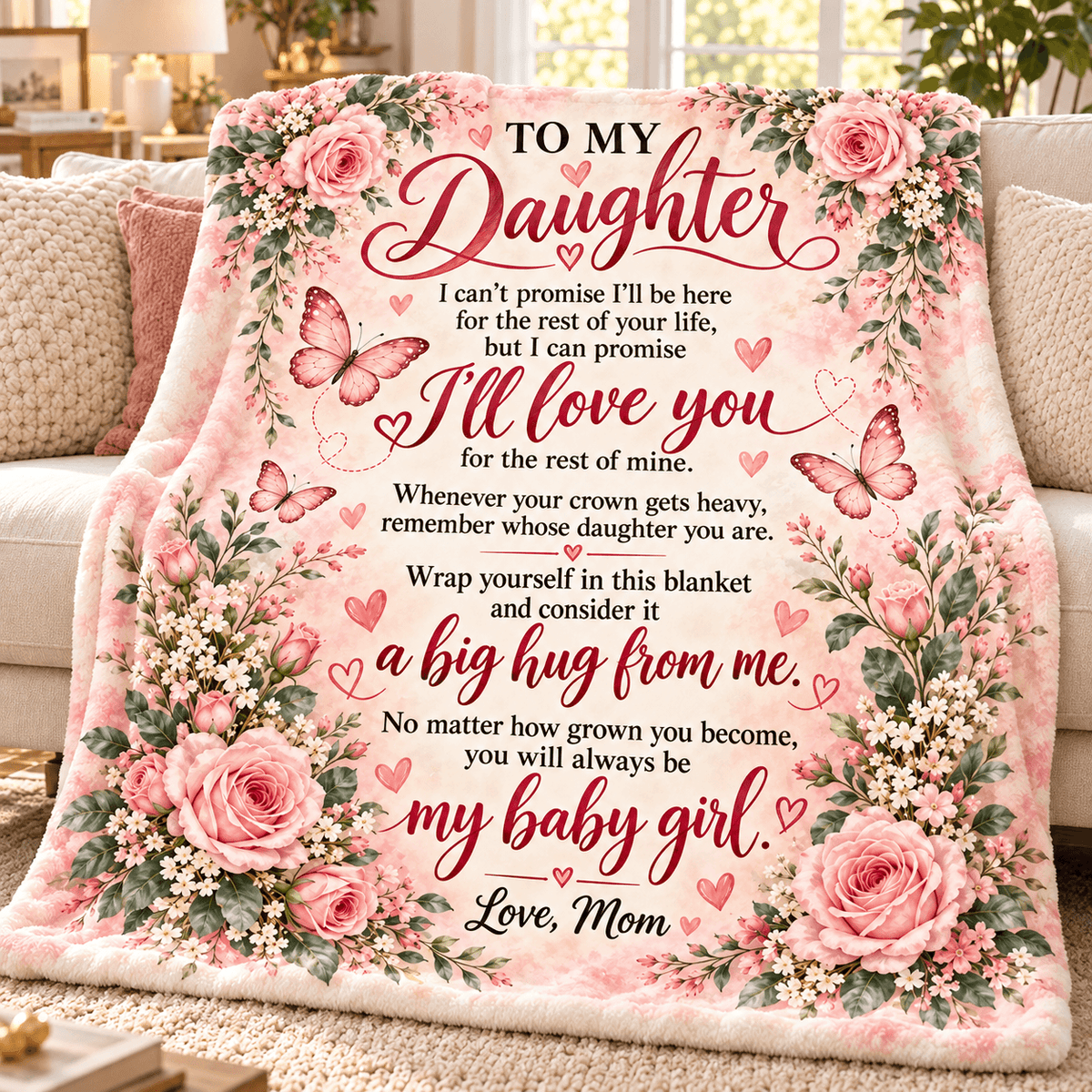 A floral fleece blanket draped over a sofa in a living room setting, featuring a pink and red sentimental message for a daughter with illustrations of roses, butterflies, and hearts.