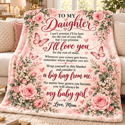 A floral fleece blanket draped over a sofa in a living room setting, featuring a pink and red sentimental message for a daughter with illustrations of roses, butterflies, and hearts.