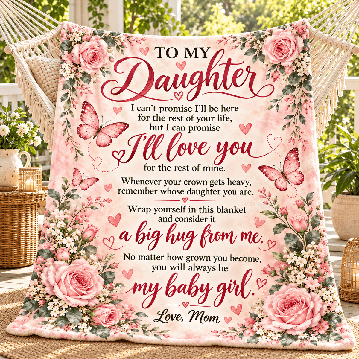 A floral throw blanket with a sentimental message for a daughter, displayed in a woven chair in a garden setting. The blanket features pink roses, butterflies, and hearts on a light pink background with a printed message starting with 'TO MY Daughter'.