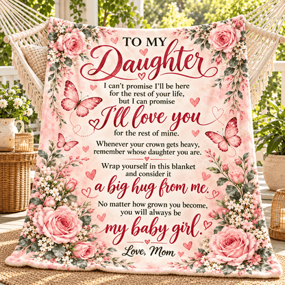 A floral throw blanket with a sentimental message for a daughter, displayed in a woven chair in a garden setting. The blanket features pink roses, butterflies, and hearts on a light pink background with a printed message starting with 'TO MY Daughter'.