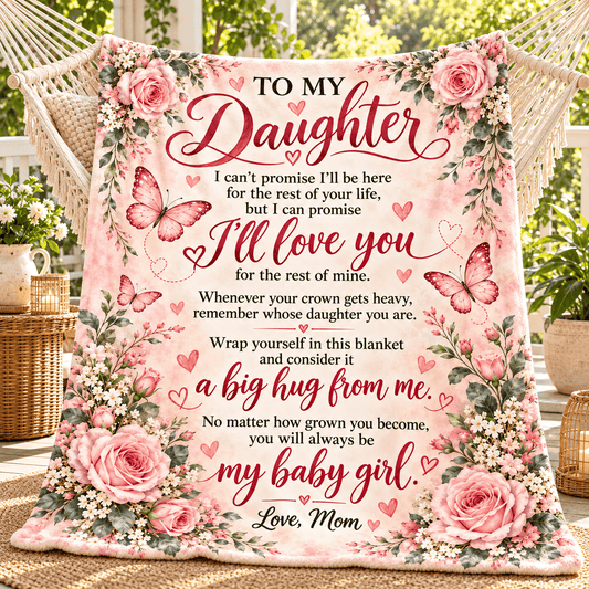 A floral throw blanket with a sentimental message for a daughter, displayed in a woven chair in a garden setting. The blanket features pink roses, butterflies, and hearts on a light pink background with a printed message starting with 'TO MY Daughter'.