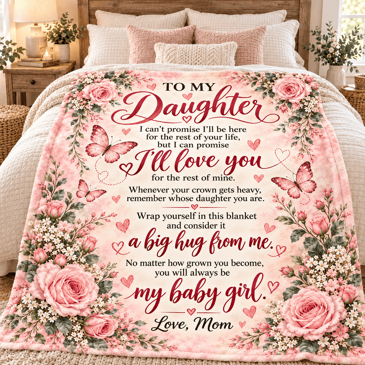 A floral comforter blanket with a sentimental message for a daughter is displayed on a bed in a bedroom setting. The blanket features pink roses, butterflies, and white flowers with red and pink text that reads 'TO MY Daughter I'll love you a big hug from me my baby girl.