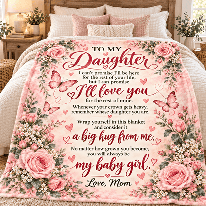 A floral comforter blanket with a sentimental message for a daughter is displayed on a bed in a bedroom setting. The blanket features pink roses, butterflies, and white flowers with red and pink text that reads 'TO MY Daughter I'll love you a big hug from me my baby girl.
