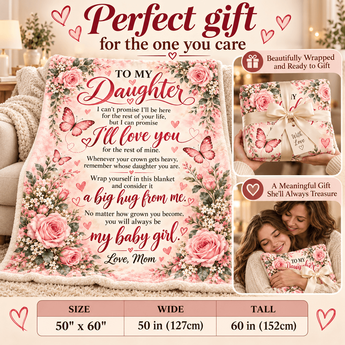A floral comfort blanket and matching pillow set with a pink rose and butterfly print, shown with sentimental text on the blanket and a wrapped gift presentation. The image includes a lifestyle inset of a woman holding the pillow, promotional callouts, and a size table at the bottom.