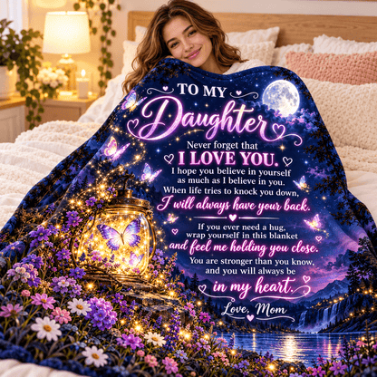 A woman in a bedroom is wrapped in a large printed blanket featuring a dark blue night sky, moon, glowing lantern, butterflies, flowers, and a sentimental message addressed to her daughter, with her face partially visible above the blanket.