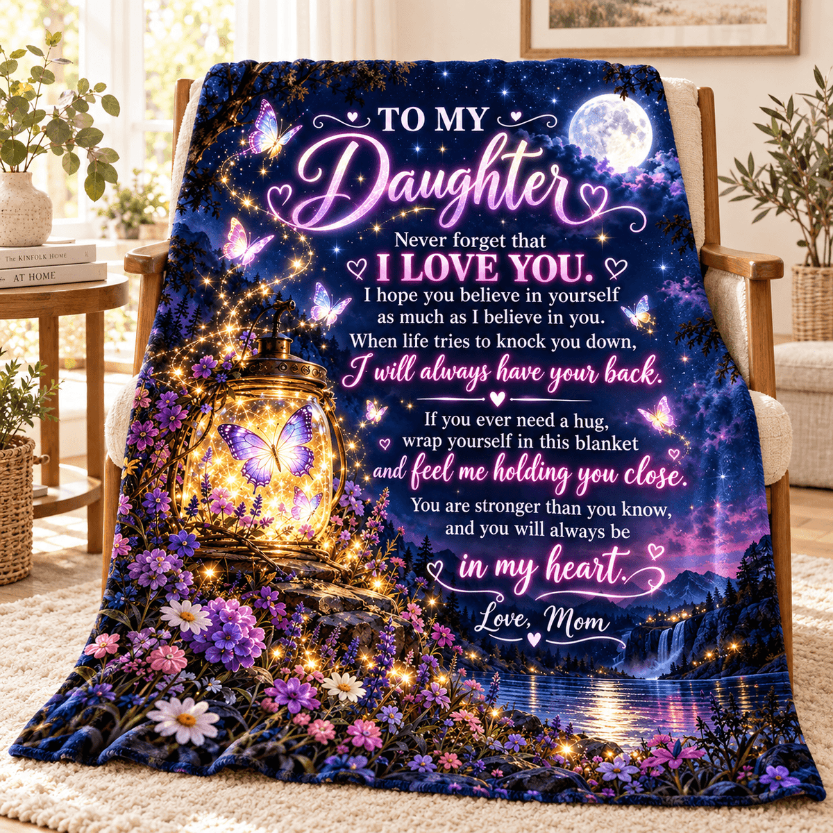 A cozy throw blanket draped over a wooden chair in a living room. The blanket features a colorful printed design with a glowing lantern, butterflies, wildflowers, a moonlit sky, and a scenic lake, overlaid with a sentimental message addressed to 'My Daughter'.