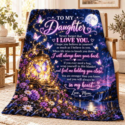 A cozy throw blanket draped over a wooden chair in a living room. The blanket features a colorful printed design with a glowing lantern, butterflies, wildflowers, a moonlit sky, and a scenic lake, overlaid with a sentimental message addressed to 'My Daughter'.