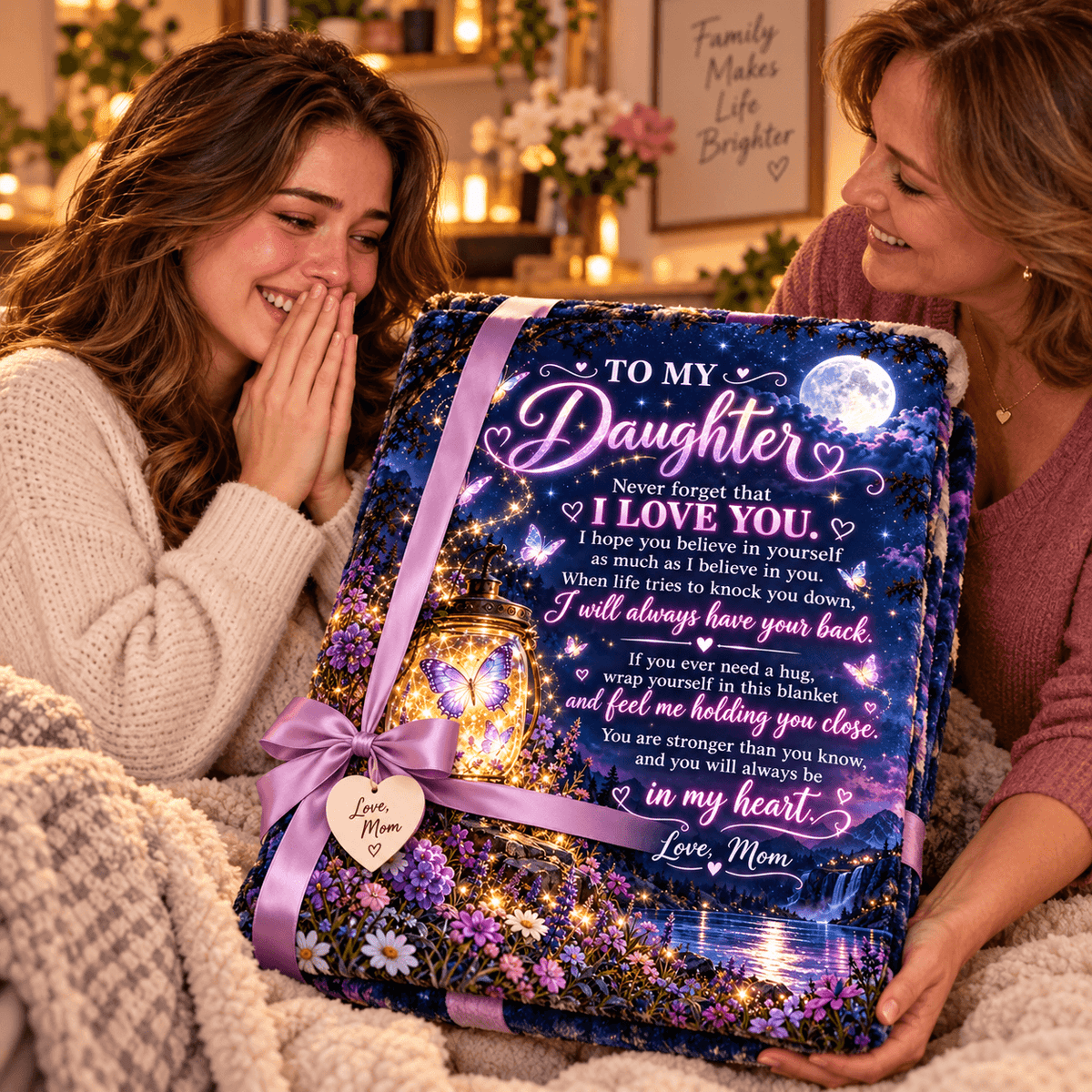 A woman holds a wrapped memorial blanket with a young girl sitting beside her, both smiling in a warmly lit room. The blanket features a floral night-sky print with a moon, stars, and a glowing butterfly, tied with a lavender ribbon and heart tag that reads 'Love Mom.