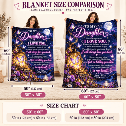 A blanket size comparison chart showing two versions of a printed fleece blanket with dimensions labeled: one 50 x 60 inches and one 60 x 80 inches. Two women are standing behind the blankets in a living room setting, with text overlays indicating the sizes and measurements in both centimeters and inches.