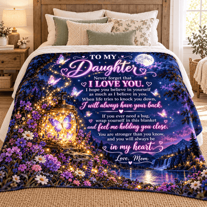 A cozy bed in a bedroom styled with a large printed blanket featuring a glowing lantern, purple wildflowers, butterflies, and a heartfelt message for a daughter. The room has a wooden headboard, neutral-toned pillows, and warm lighting.