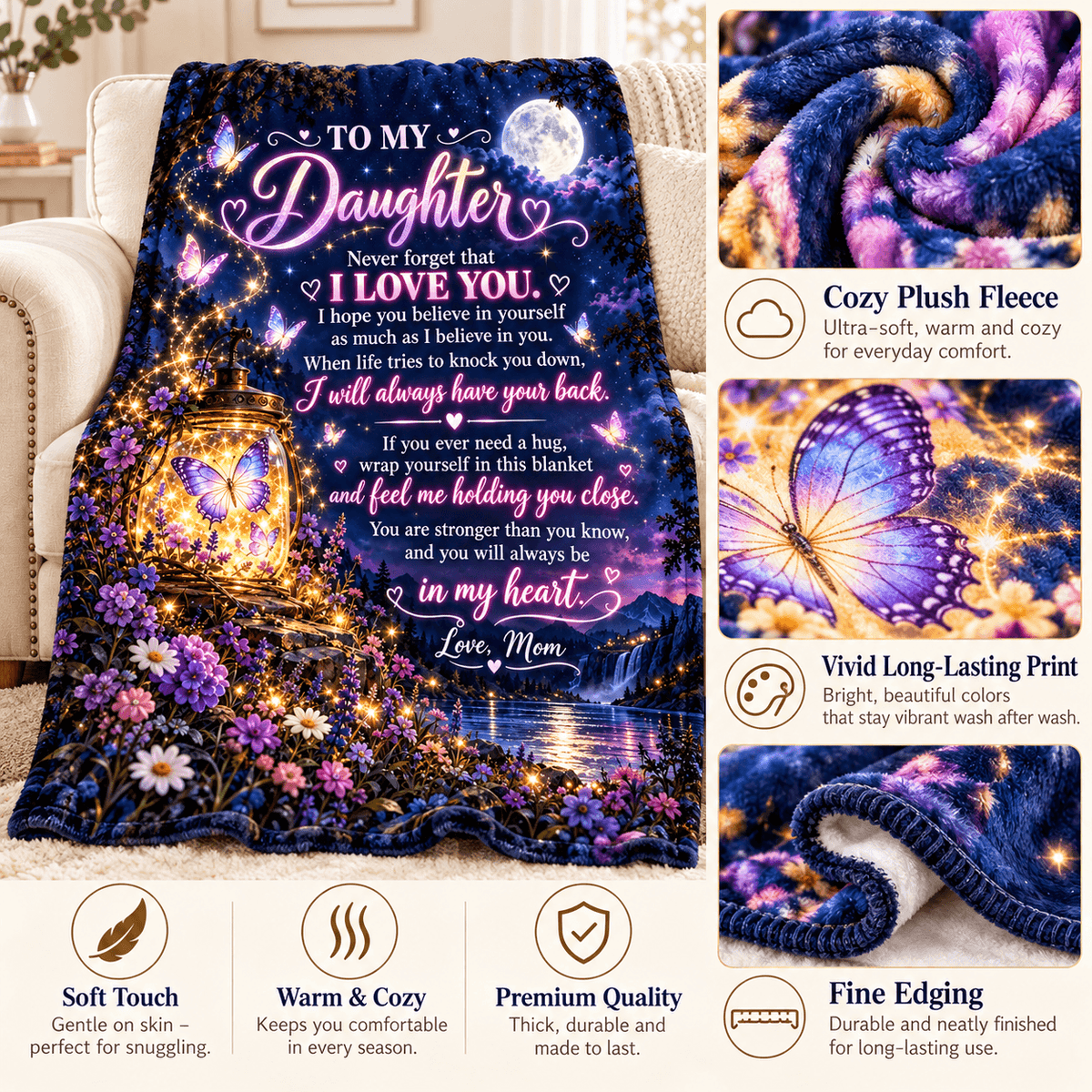 To My Daughter Blanket From Mom – I Will Always Have Your Back – Moonlit Butterfly Cozy Fleece Gift