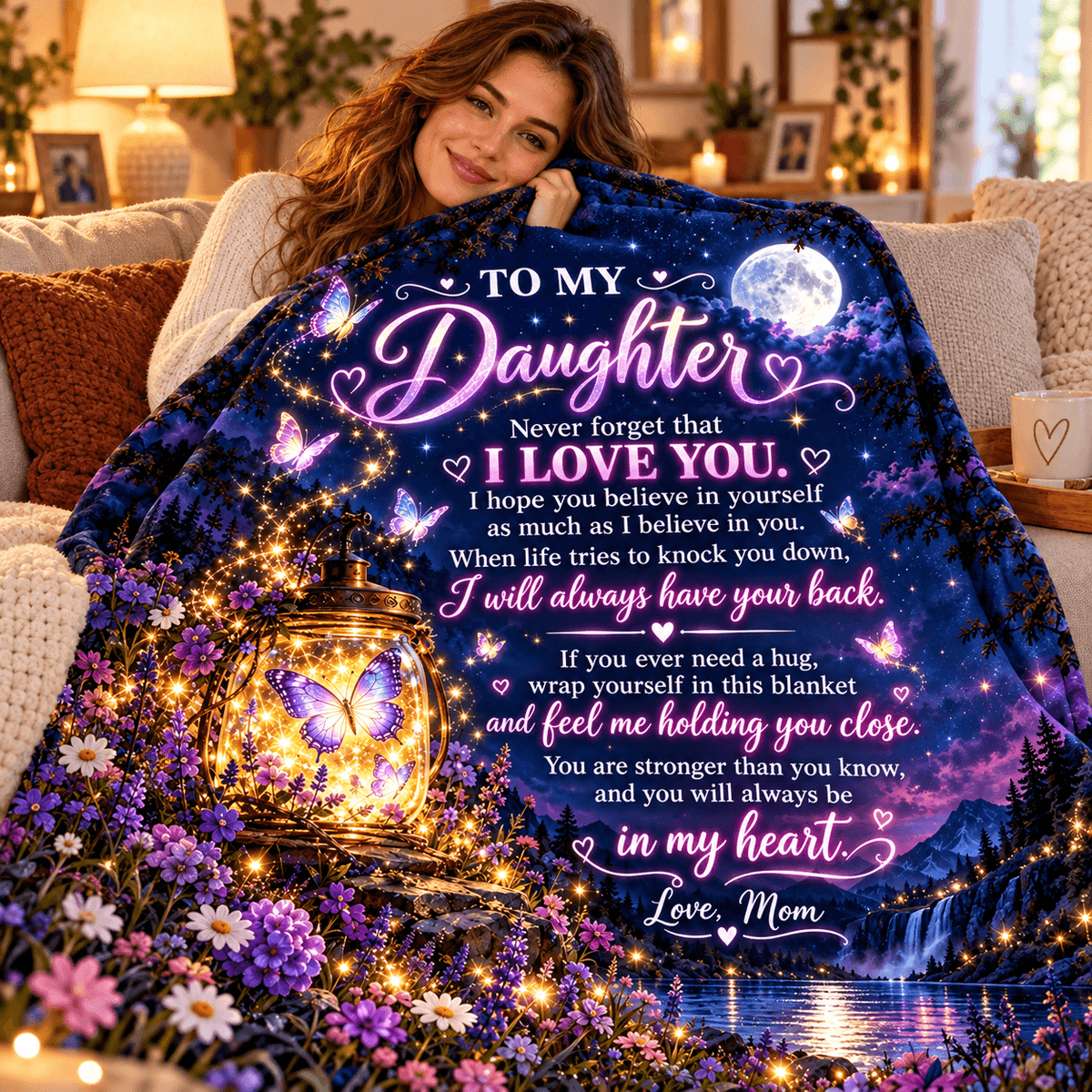 A woman sits on a cozy couch wrapped in a large printed blanket featuring a glowing lantern, butterflies, flowers, and a night sky with the message 'To My Daughter' and a heartfelt poem. The scene is warmly lit, and the blanket dominates the frame.