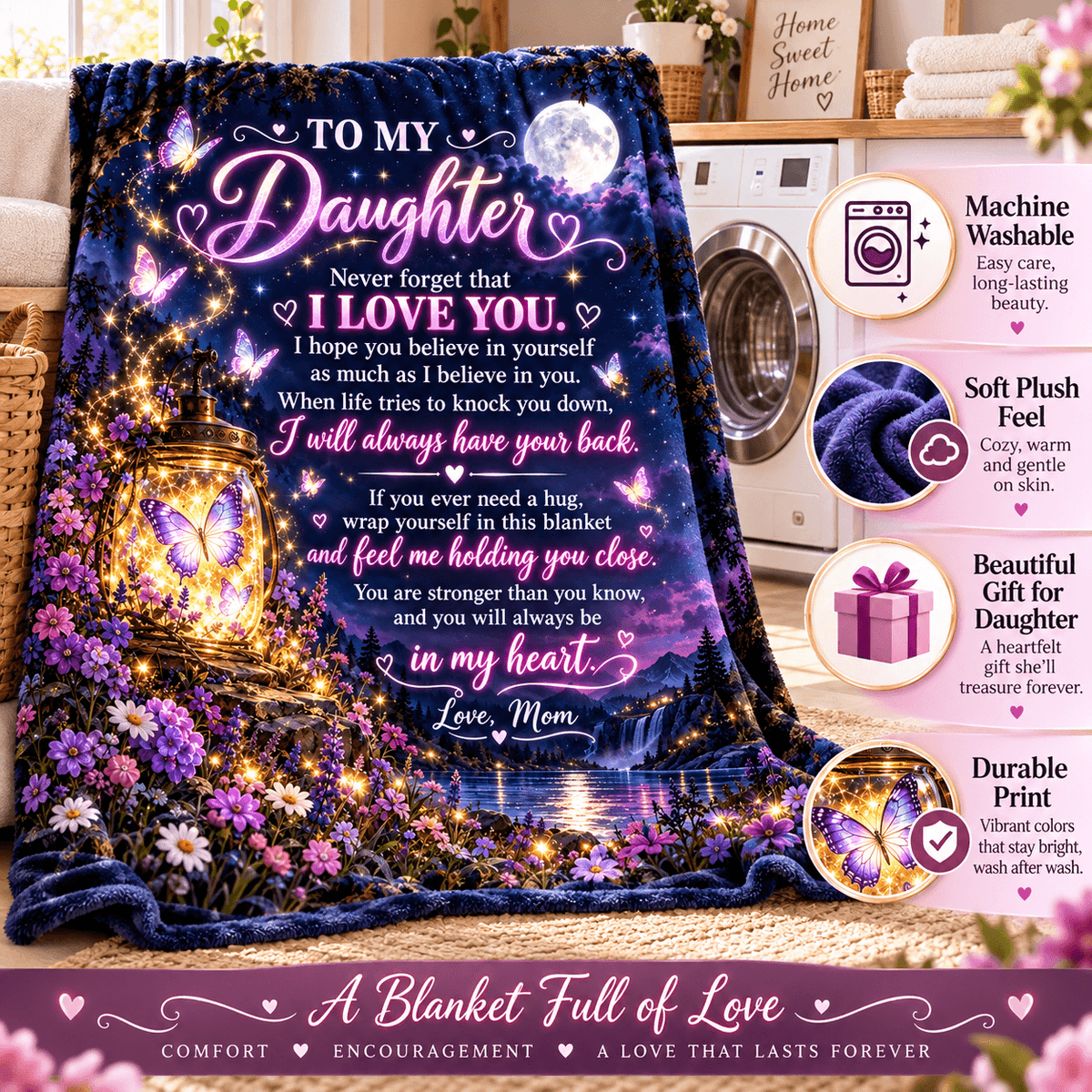 A dark purple and blue fleece blanket with a glowing floral night scene and a large heart-shaped moon, draped over a bed in a bedroom. The blanket features a sentimental message for a daughter.