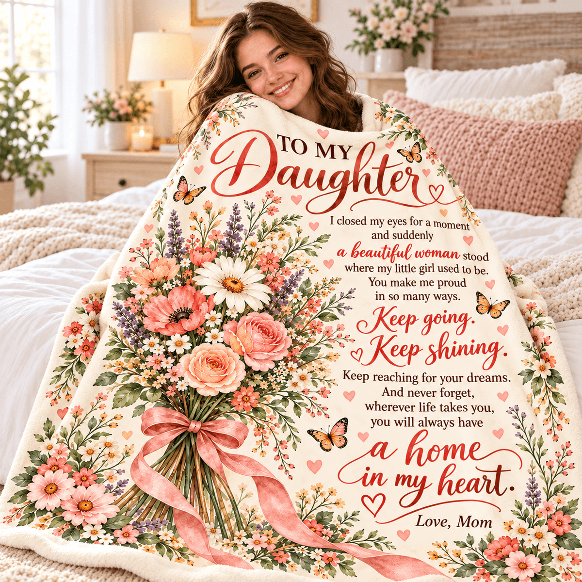 A woman wrapped in a floral quilted blanket with a printed memorial message for her daughter, shown in a cozy bedroom setting.