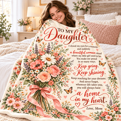 A woman wrapped in a floral quilted blanket with a printed memorial message for her daughter, shown in a cozy bedroom setting.