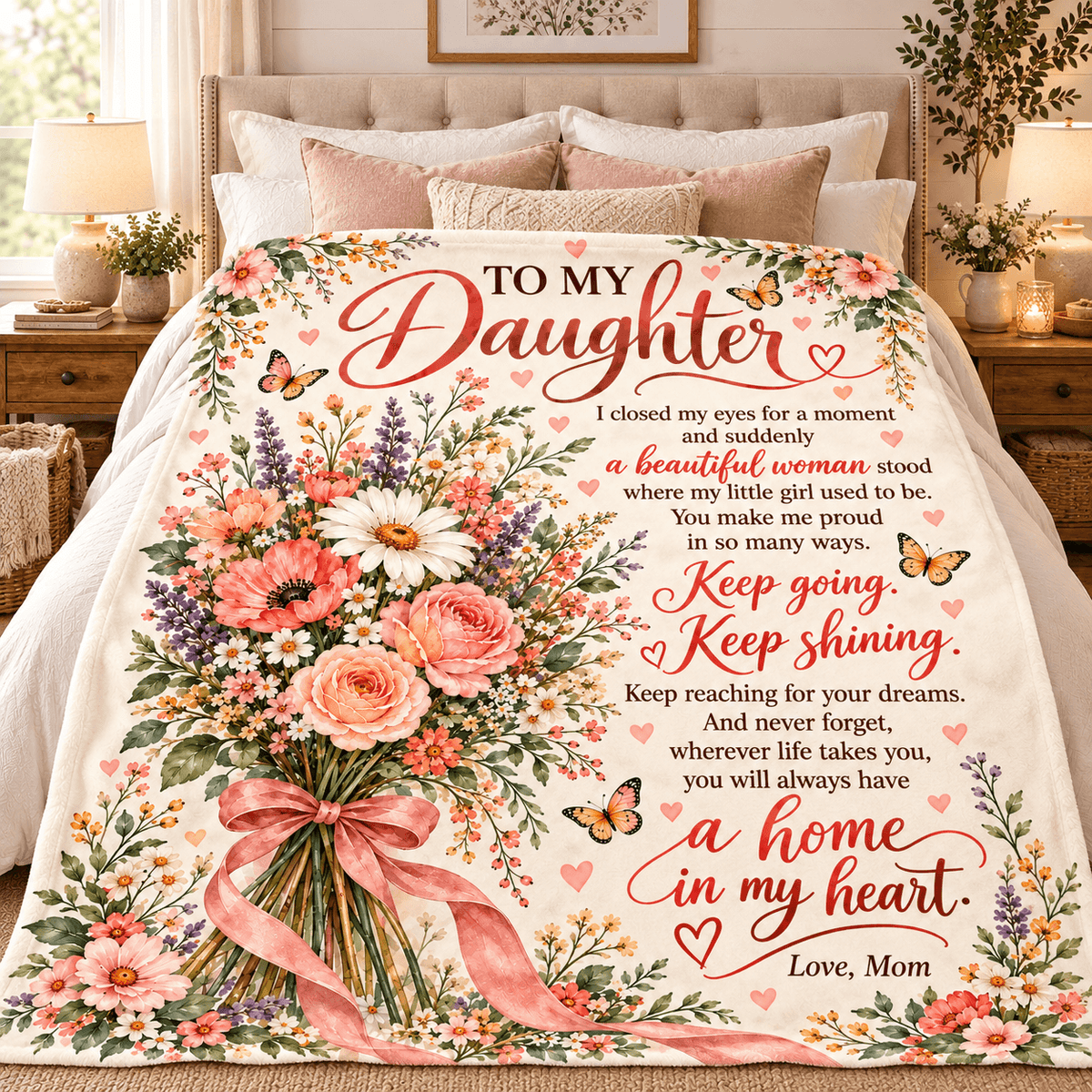 A floral and sentimental blanket or quilt spread across a bed in a warmly lit bedroom. The design features the text 'TO MY Daughter' with a poem, surrounded by illustrated flowers, butterflies, and a pink ribbon, set against a cream background.