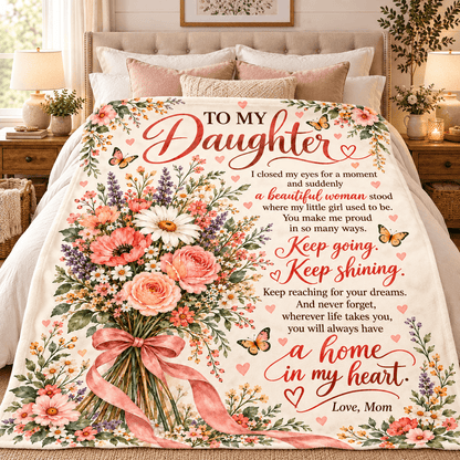 A floral and sentimental blanket or quilt spread across a bed in a warmly lit bedroom. The design features the text 'TO MY Daughter' with a poem, surrounded by illustrated flowers, butterflies, and a pink ribbon, set against a cream background.