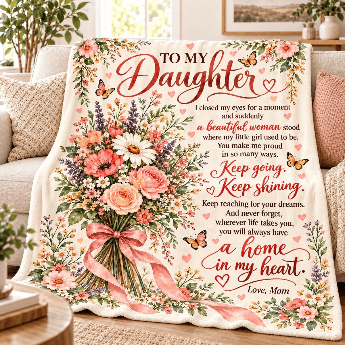 A floral fleece throw blanket draped over a couch in a living room setting. The blanket features a printed message for a daughter, 'TO MY Daughter', with a large bouquet of pink and orange flowers, purple lavender, butterflies, and hearts on a cream background.