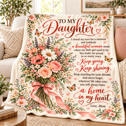 A floral fleece throw blanket draped over a couch in a living room setting. The blanket features a printed message for a daughter, 'TO MY Daughter', with a large bouquet of pink and orange flowers, purple lavender, butterflies, and hearts on a cream background.