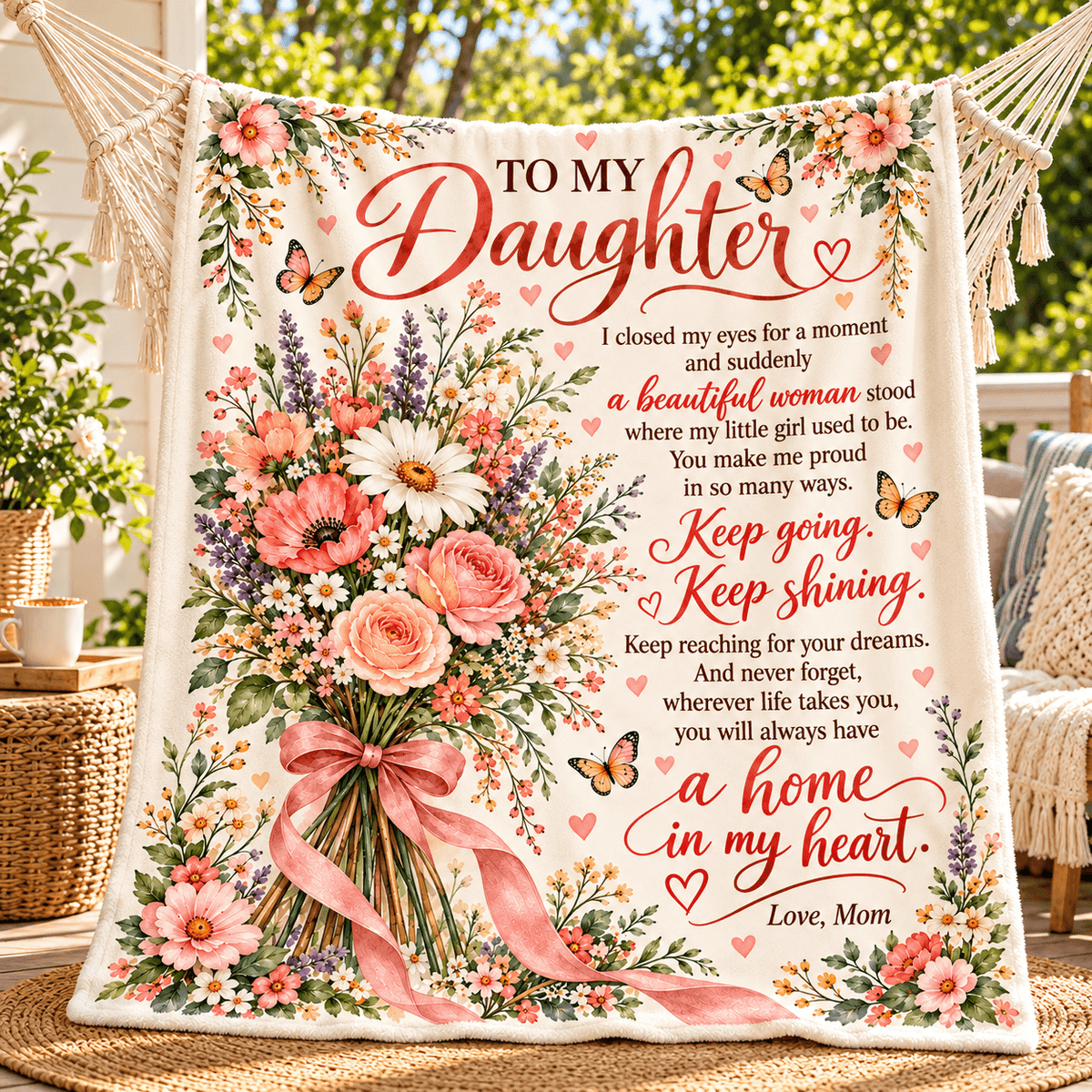 A floral fleece throw blanket with a sentimental poem for a daughter, draped over a chair in a sunlit patio setting.