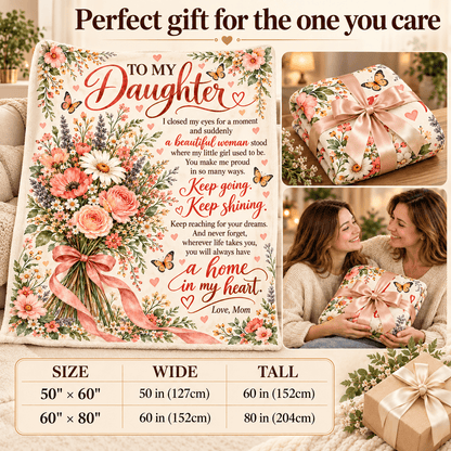 A floral quilted blanket with a sentimental poem for a daughter, shown as a main product graphic with size measurements below, plus two lifestyle photos of a woman holding the wrapped blanket and a top banner reading 'Perfect gift for the one you care'.