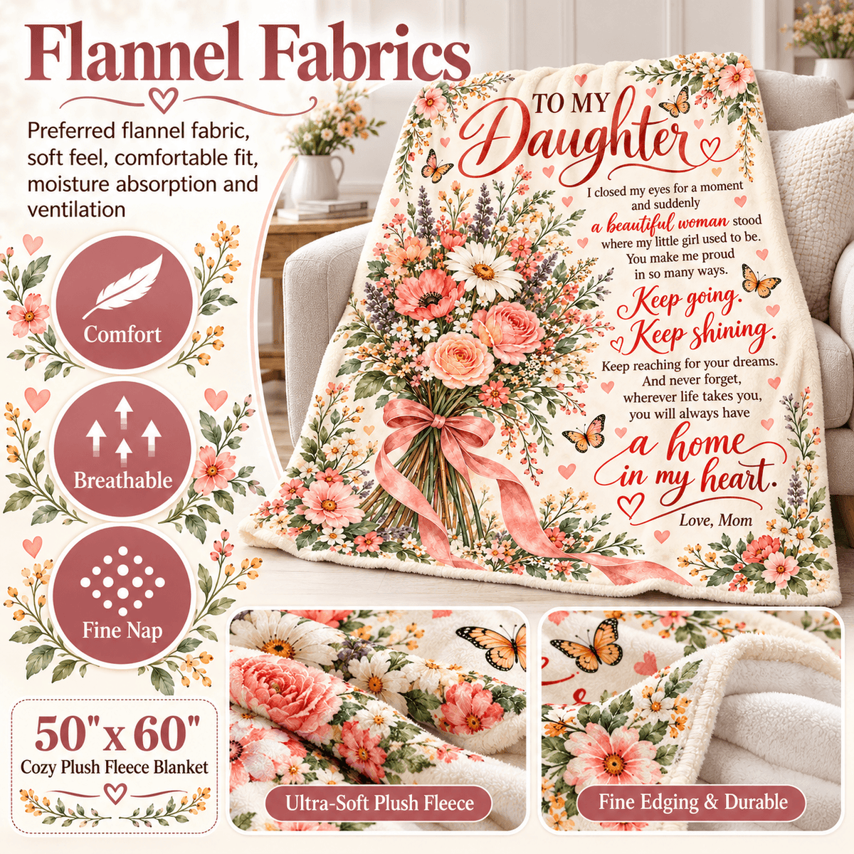 A cozy flannel blanket with a floral print and a sentimental poem for a daughter, displayed on a couch. The blanket features pink roses, green leaves, and a pink ribbon, with text overlays highlighting its comfort, breathability, and fine nap.