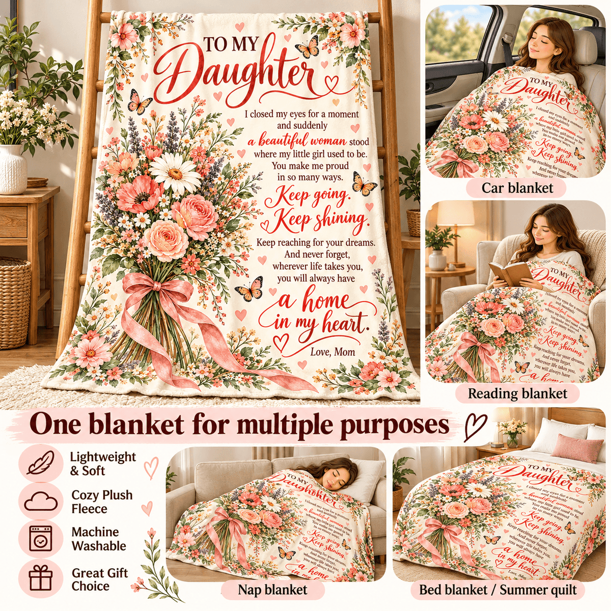 A floral and text-based blanket set displayed in multiple home and car scenes, with the main product shown as a large printed blanket reading 'TO MY Daughter' with pink roses, butterflies, and a ribbon. Smaller inset images show the blanket styled as a car blanket, reading blanket, nap blanket, and bed blanket/summer quilt.