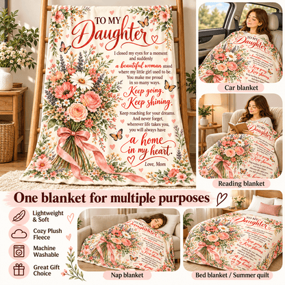 A floral and text-based blanket set displayed in multiple home and car scenes, with the main product shown as a large printed blanket reading 'TO MY Daughter' with pink roses, butterflies, and a ribbon. Smaller inset images show the blanket styled as a car blanket, reading blanket, nap blanket, and bed blanket/summer quilt.