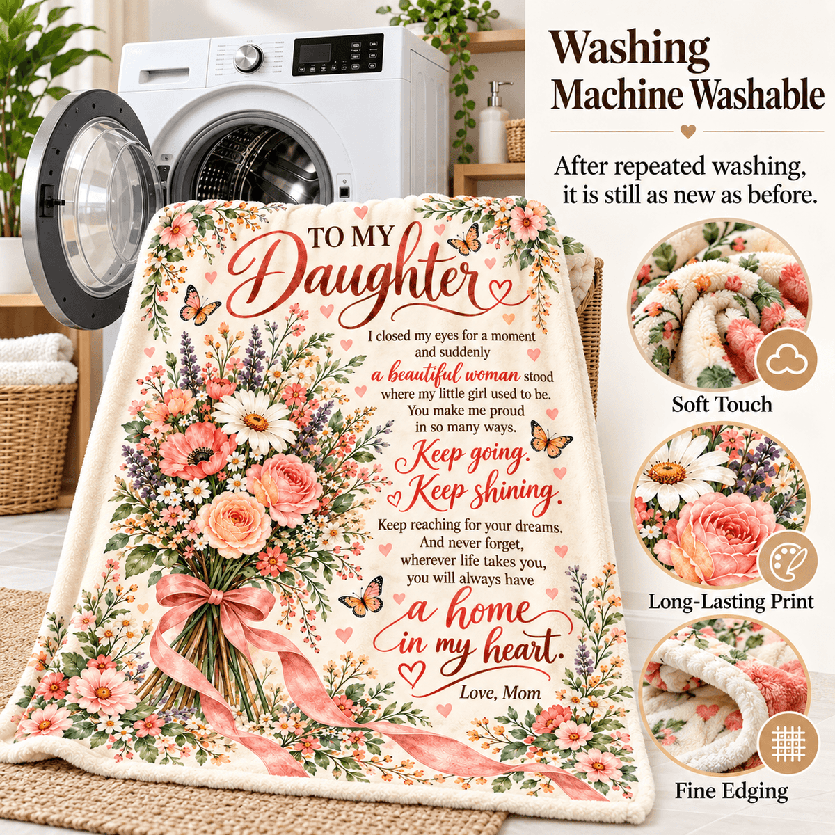 A floral fleece blanket with a sentimental message for a daughter, displayed in a laundry room setting next to a washing machine. The blanket features a cream background with pink, red, and green floral patterns, butterflies, and a large pink bow, with the printed text 'TO MY Daughter' and a poem.