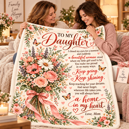 Two women sitting on a couch holding up a large printed blanket. The blanket features a floral bouquet design with pink roses, green leaves, purple lavender, and butterflies, along with a sentimental message for a daughter written in red and black script.