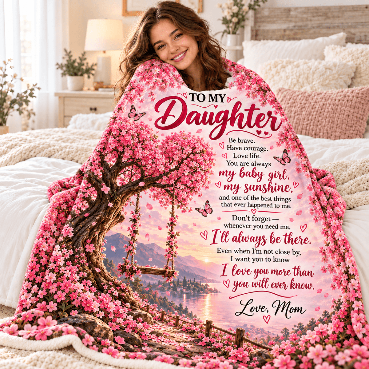 A woman wrapped in a large printed blanket in a cozy bedroom setting. The blanket features a cherry blossom tree with a swing, mountains, and a lake, with the text 'TO MY Daughter' and a sentimental message printed on it.