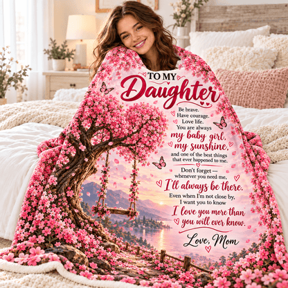 A woman wrapped in a large printed blanket in a cozy bedroom setting. The blanket features a cherry blossom tree with a swing, mountains, and a lake, with the text 'TO MY Daughter' and a sentimental message printed on it.