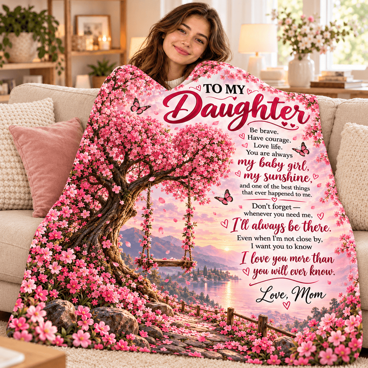 To My Daughter Blanket From Mom – My Baby Girl, My Sunshine – Pink Blossom Tree Cozy Fleece Gift