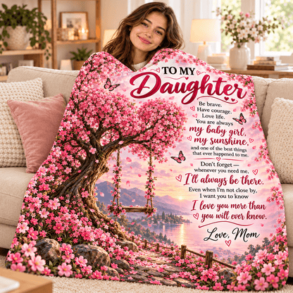 To My Daughter Blanket From Mom – My Baby Girl, My Sunshine – Pink Blossom Tree Cozy Fleece Gift
