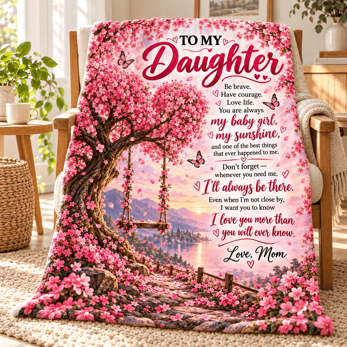 To My Daughter Blanket From Mom – My Baby Girl, My Sunshine – Pink Blossom Tree Cozy Fleece Gift