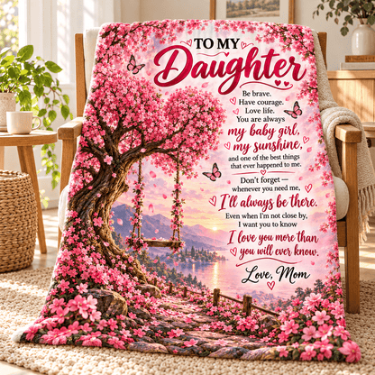 To My Daughter Blanket From Mom – My Baby Girl, My Sunshine – Pink Blossom Tree Cozy Fleece Gift