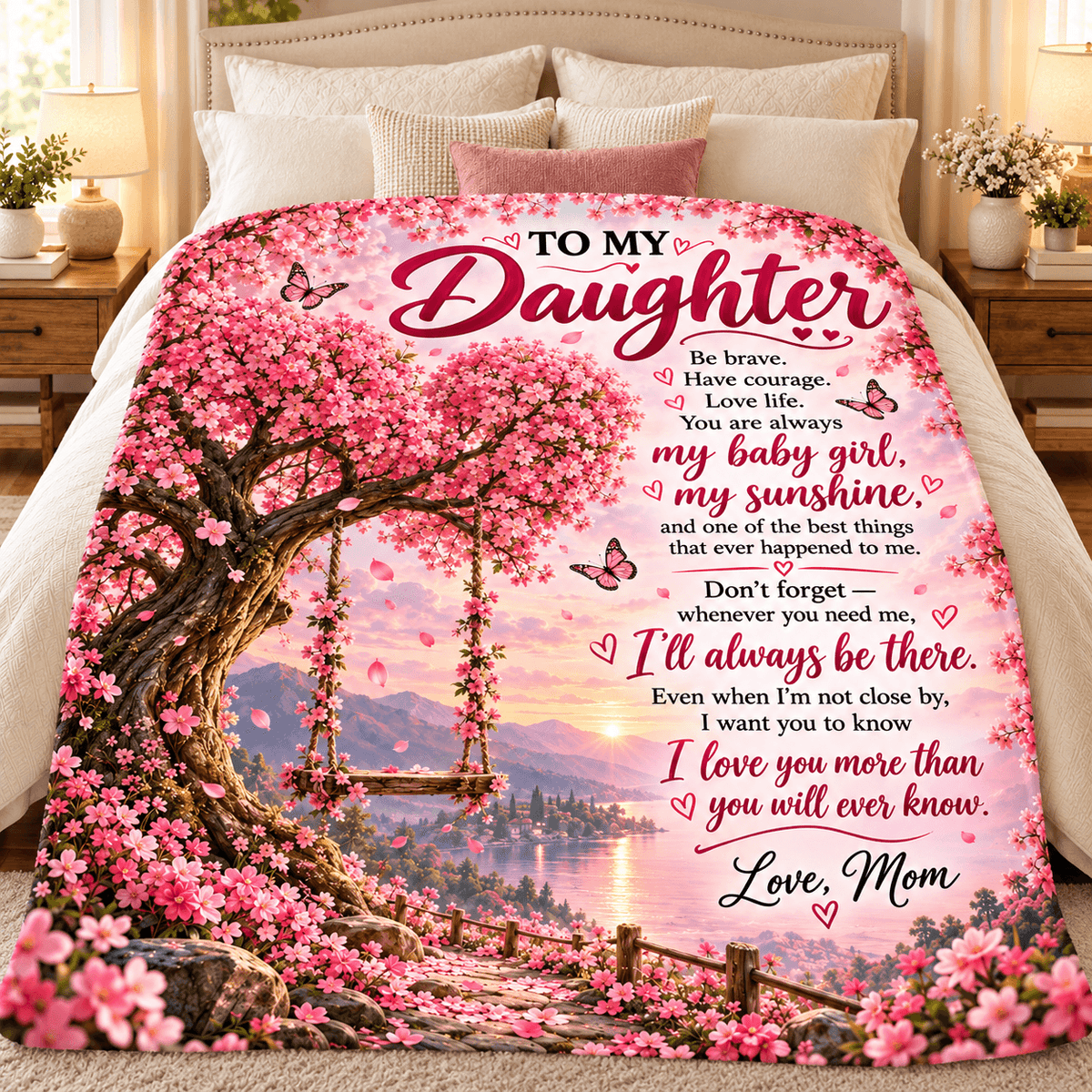 To My Daughter Blanket From Mom – My Baby Girl, My Sunshine – Pink Blossom Tree Cozy Fleece Gift