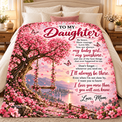To My Daughter Blanket From Mom – My Baby Girl, My Sunshine – Pink Blossom Tree Cozy Fleece Gift
