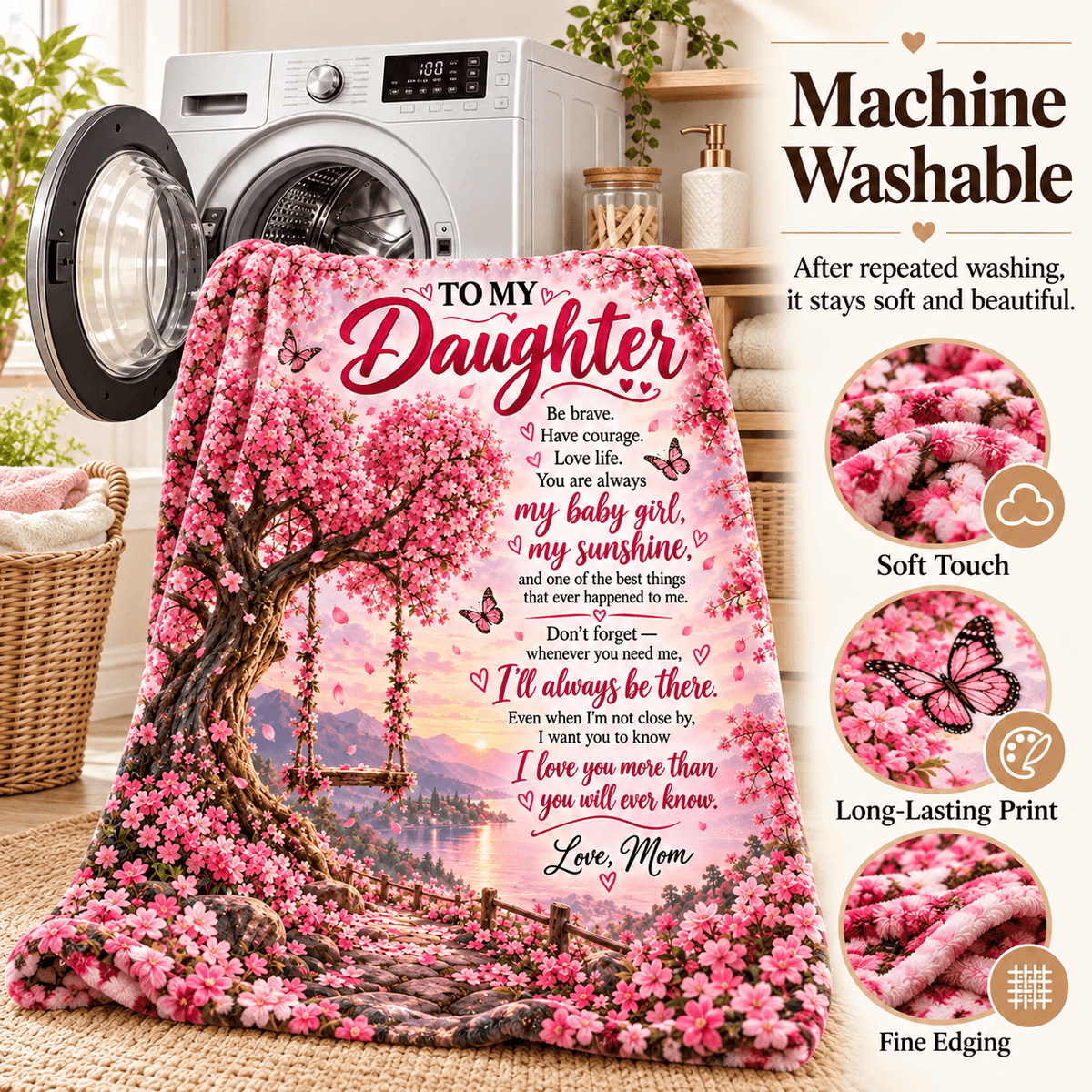 To My Daughter Blanket From Mom – My Baby Girl, My Sunshine – Pink Blossom Tree Cozy Fleece Gift