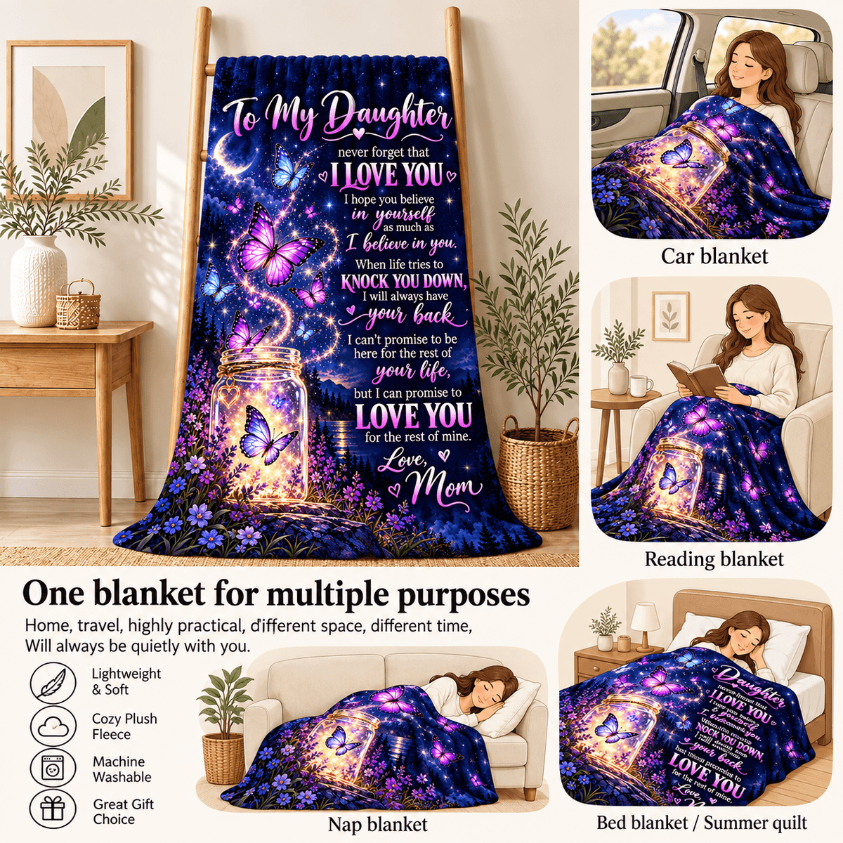 A collage showing a plush throw blanket draped over a bed, sofa, car seat, and while being worn by a woman. The blanket has a dark blue and purple galaxy print with a glowing mason jar and butterfly motif, plus large sentimental text reading 'To My Daughter' and 'I Love You Mom.