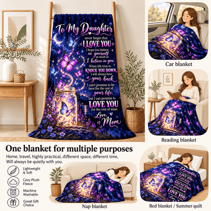 A collage showing a plush throw blanket draped over a bed, sofa, car seat, and while being worn by a woman. The blanket has a dark blue and purple galaxy print with a glowing mason jar and butterfly motif, plus large sentimental text reading 'To My Daughter' and 'I Love You Mom.